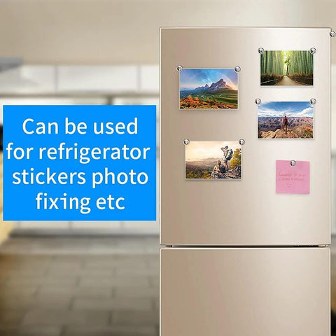 Fridge with photos held by 60 Pcs Neodymium Disc Magnets With Mounting Hole 3 Mm Heavy Duty Rare Earth Magnets