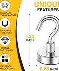 Steel hook magnet with 1.38 inch height and 0.63 inch base, featuring a high-grade neodymium magnet for versatile applications.