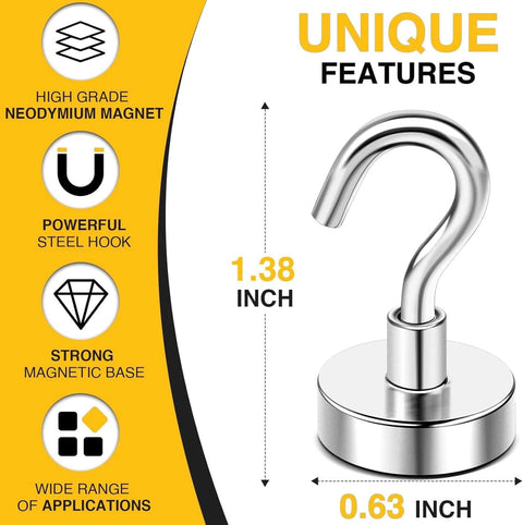 Steel hook magnet with 1.38 inch height and 0.63 inch base, featuring a high-grade neodymium magnet for versatile applications.