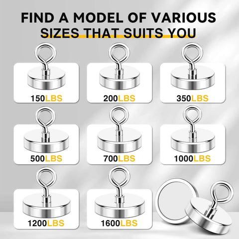 Multiple neodymium fishing magnets with different weight capacities, including a 2 inch neodymium fishing magnet with 350 lb pull heavy duty salvage tool