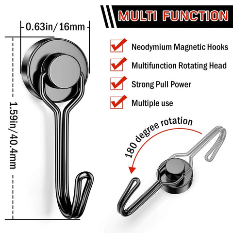 Neodymium magnetic hooks with 180-degree rotation, multifunction rotating head, strong pull power, and multiple uses, dimensions shown