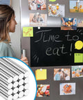 Woman using 240 Pack 5x2mm Neodymium Magnets For Crafts Whiteboards And Kitchen Cabinets Durable Rare Earth Magnets on fridge.