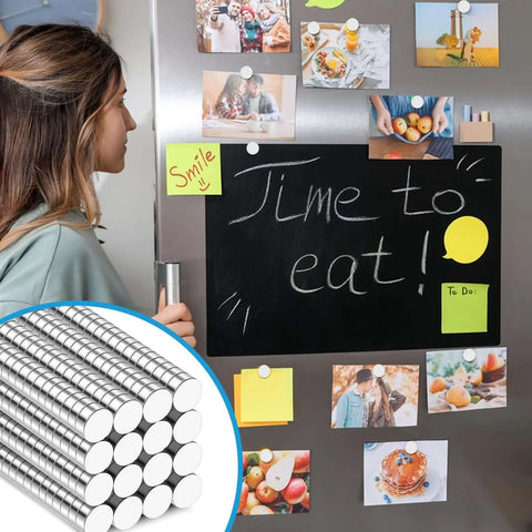 Woman using 240 Pack 5x2mm Neodymium Magnets For Crafts Whiteboards And Kitchen Cabinets Durable Rare Earth Magnets on fridge.