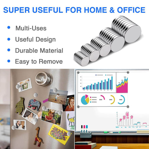 Neodymium Magnets 40 Pack In Five Sizes For Refrigerator Crafts Kitchen And Office Use Rust Resistant shown holding photos and charts
