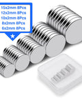 Neodymium Magnets 40 Pack In Five Sizes For Refrigerator Crafts Kitchen And Office Use Rust Resistant, displayed with dimensions and storage case