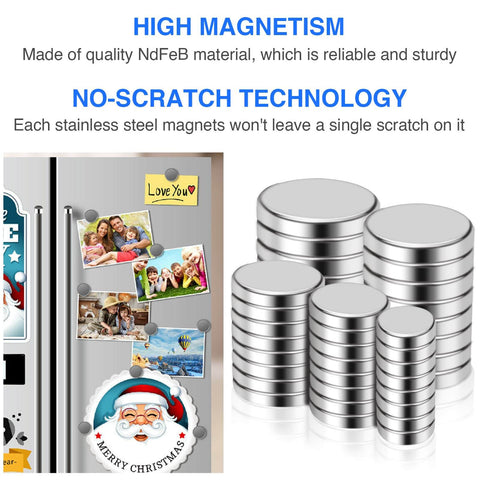 Stacks of Neodymium Magnets 40 Pack In Five Sizes For Refrigerator Crafts Kitchen And Office Use Rust Resistant beside fridge