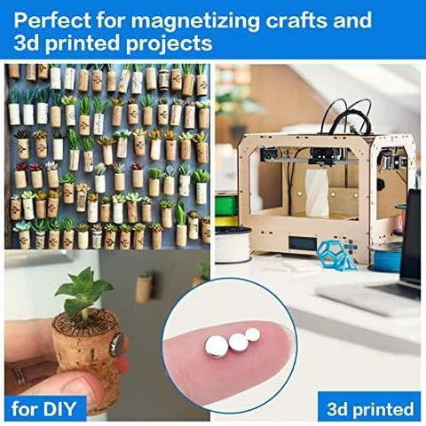 Rare Earth Neodymium Magnets 400 Pcs Set In 3 Sizes displayed with DIY plant crafts and 3D printer setup for creative projects.