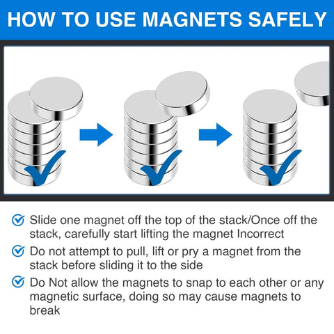 Instructions for safe use of 255 Pcs Rare Earth Neodymium Magnets Set In 6 Sizes For Crafts Whiteboards Refrigerators Home Office School