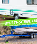 Installed Trailer Jack Wheel Chock For Front Jack Wheel By MaxxHaul, Anti Sink Ground Plate In High Visibility Neon Green, preventing movement