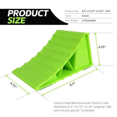 Neon Green High Visibility Wheel Chocks 2 Pack With Non Slip Base For Cars Trailers Minivans And Small RVs Durable Polypropylene Construction Fits Tires Up To 26 Inches By MaxxHaul, shown in side view with dimensions.