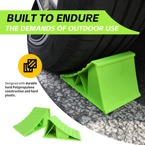 Neon Green High Visibility Wheel Chocks 2 Pack With Non Slip Base For Cars Trailers Minivans And Small RVs Durable Polypropylene Construction Fits Tires Up To 26 Inches By MaxxHaul
