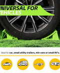 Neon Green High Visibility Wheel Chocks 2 Pack With Non Slip Base For Cars Trailers Minivans And Small RVs Durable Polypropylene Construction Fits Tires Up To 26 Inches By MaxxHaul installed under tire on grassy surface.