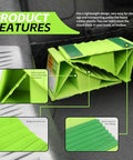 Neon Green High Visibility Wheel Chocks 2 Pack With Non Slip Base For Cars Trailers Minivans And Small RVs Durable Polypropylene Construction Fits Tires Up To 26 Inches By MaxxHaul, shown with serrated top and non-slip base details.