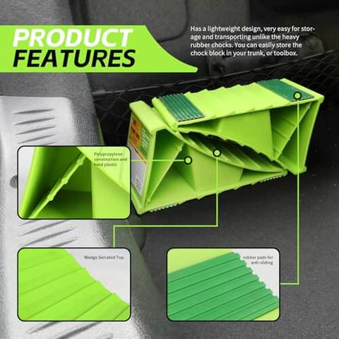 Neon Green High Visibility Wheel Chocks 2 Pack With Non Slip Base For Cars Trailers Minivans And Small RVs Durable Polypropylene Construction Fits Tires Up To 26 Inches By MaxxHaul, shown with serrated top and non-slip base details.