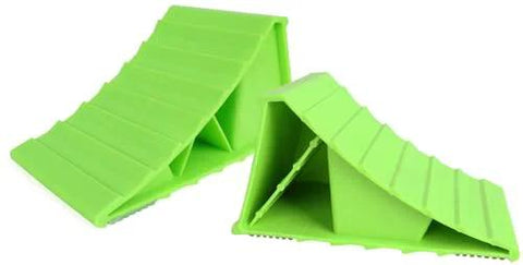 Neon Green High Visibility Wheel Chocks 2 Pack With Non Slip Base For Cars Trailers Minivans And Small RVs Durable Polypropylene Construction Fits Tires Up To 26 Inches By MaxxHaul