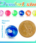 Assorted neon mini rubber bouncy balls next to a coin for size comparison, 20 mm diameter. Small Bouncy Balls in Bulk Rubber High Bouncing Balls