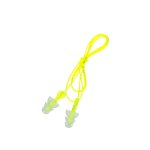 Tri Flange Corded Reusable Earplugs With 26 dB NRR In Neon Yellow, 3 Pair Pack, shown on a white background