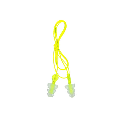 Tri Flange Corded Reusable Earplugs With 26 dB NRR In Neon Yellow, showing corded design and tri-flange for secure fit.