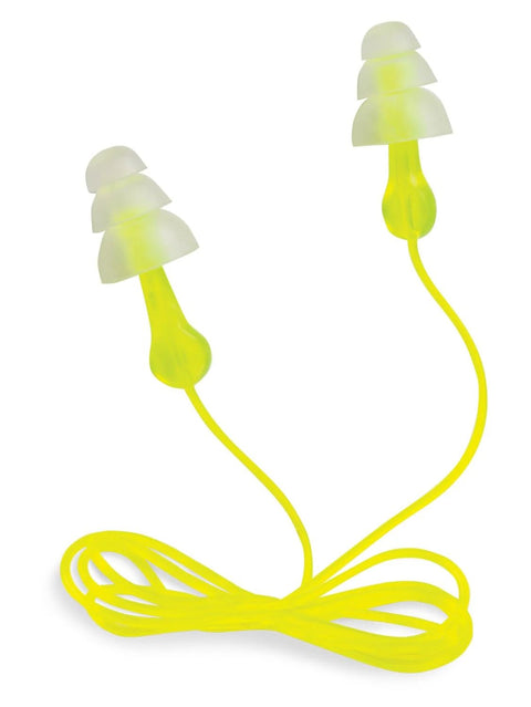 Tri Flange Corded Reusable Earplugs With 26 dB NRR In Neon Yellow, 3 Pair Pack with corded design for range and hunting environments