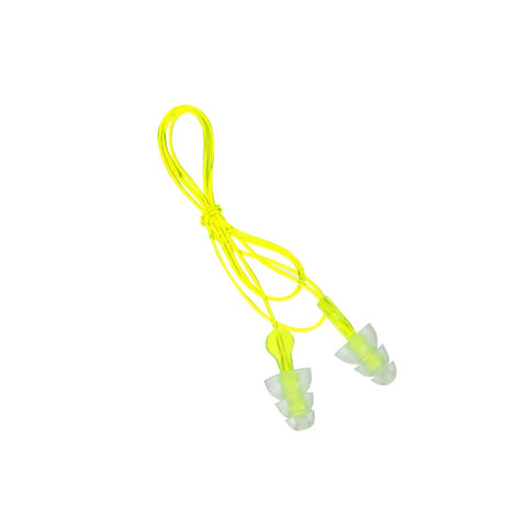 Tri Flange Corded Reusable Earplugs With 26 dB NRR In Neon Yellow, 3 Pair Pack, close-up of corded design for easy carry