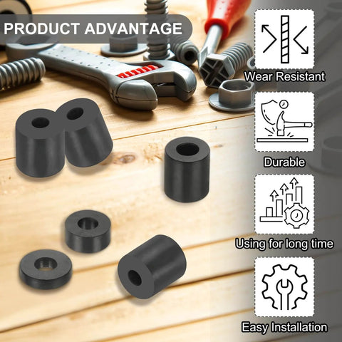 Reduce vibration and noise with 20 durable neoprene anti vibration spacers arranged on a wooden surface with tools in background.