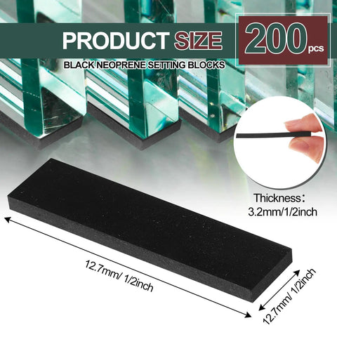 200 Pack Neoprene Setting Blocks For Glass Centering And Channel Installations Cushioned Spacers For Secure Support And Precise Alignment One Eighth By One Half By Two Inches Black displaying size and thickness details.