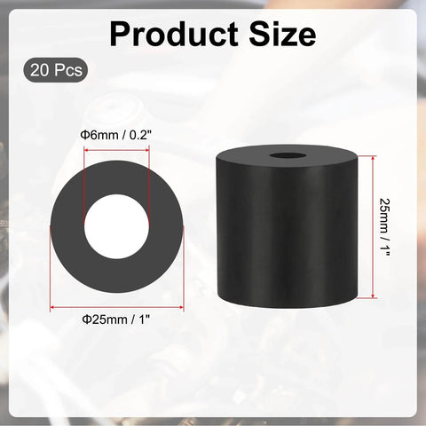 Reduce vibration and noise with 20 durable neoprene anti vibration spacers, 6mm ID x 25mm OD x 25mm thick, diagram.