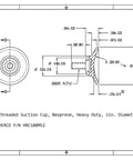 Technical drawing of one inch diameter heavy duty neoprene threaded suction cup with brass three-eighths inch long eight thirty two male thread.