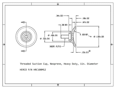 Technical drawing of one inch diameter heavy duty neoprene threaded suction cup with brass three-eighths inch long eight thirty two male thread.