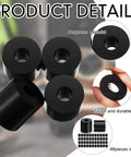 Close-up of eight pack rubber spacers 1 inch OD by three eighths inch ID by 1 inch thick neoprene washers for home and car vibration damping anti vibration bushings multi purpose black