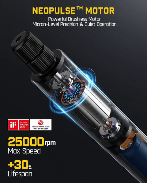 Cordless Rotary Tool Kit With 25,000 RPM NeoPulse Brushless Hollow Cup Motor highlighted, showcasing design and features.