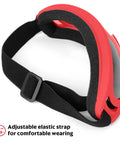 Red protective goggles with adjustable black strap for Nerf gun battles, showcasing lightweight safety glasses design.