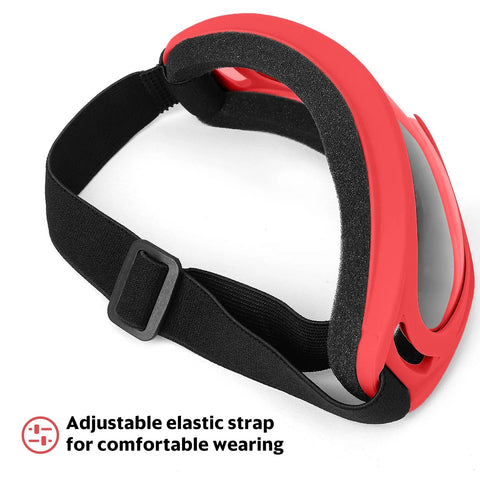 Red protective goggles with adjustable black strap for Nerf gun battles, showcasing lightweight safety glasses design.