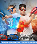 Two kids wearing 4 Pack Protective Goggles For Nerf Guns Kids Teens Safety Eyewear 4 Colors, holding Nerf guns, ready for battle.