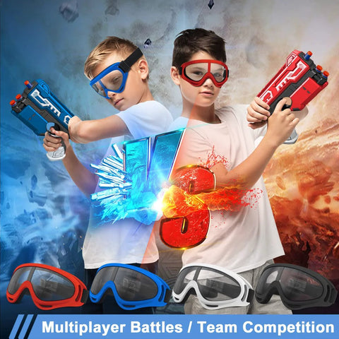 Two kids wearing 4 Pack Protective Goggles For Nerf Guns Kids Teens Safety Eyewear 4 Colors, holding Nerf guns, ready for battle.