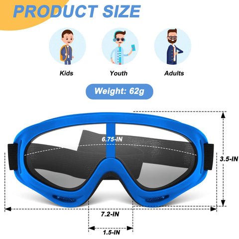 Blue protective goggles for Nerf guns with size details and weight of 62g. Suitable for kids, youth, and adults. 4 Pack Protective Goggles For Nerf Guns Kids Teens Safety Eyewear 4 Colors.