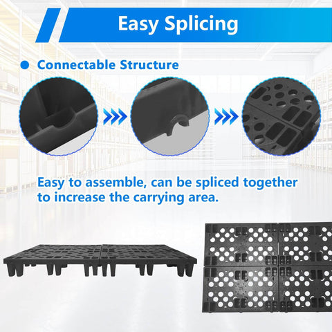 Heavy Duty Black Plastic Pallets 8 Pack Nestable HDPE Floor Pallets For Basement Storage And Shop Warehouse Garage Use Waterproof Anti Static Dust Resistant Lightweight Durable Pallets With Breathable Grid Surfaces displayed with easy splicing features.