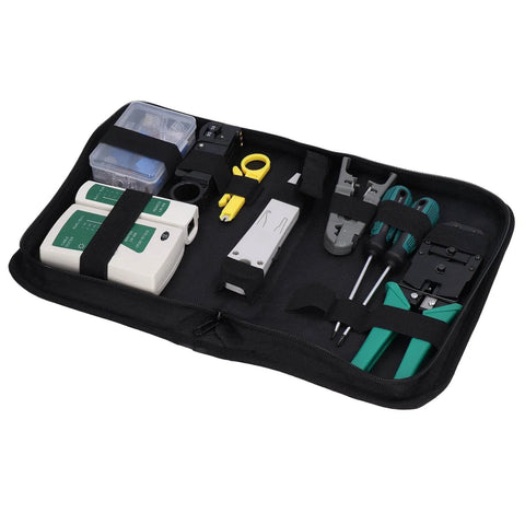 Network Cable Tool Set, Wire Stripper Pliers Repair Maintenance Kit in storage case, showing tools for UTP STP and flat cables.