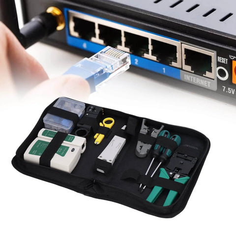 Network Cable Tool Set with Wire Stripper Pliers Repair Maintenance Kit for UTP STP, includes network cable and tester in use