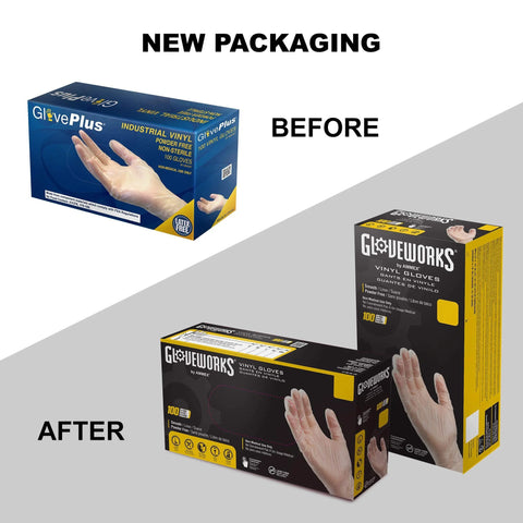 Before and after packaging of Clear Vinyl Gloves Latex Free Powderfree Food Safe Disposable Nonsterile
