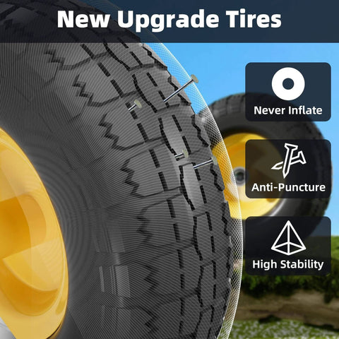 New upgrade 4.10/3.50-4 Flat Free Tire and Wheel Set of 4 showing anti-puncture tread and solid construction for reliability.