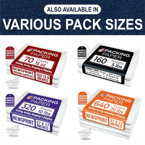 Various pack sizes of newsprint packing paper, including Newsprint Packing Paper Bulk 320 Sheets 27x17 Inches 10 Lb for moving.