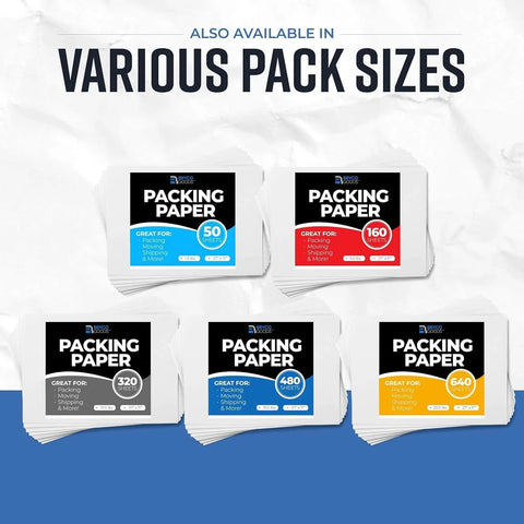Image of various pack sizes including Newsprint Packing Paper Sheets For Moving 10 Lb 320 Sheets 27 By 17 Made In USA For Wrapping Dishes.