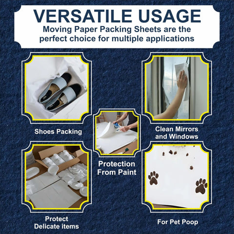 Versatile usage of newsprint packing paper bulk 320 sheets 27x17 inches 10 lb for moving and cushioning, shown in various applications