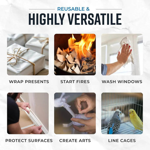 Image collage showing uses for Newsprint Packing Paper Sheets For Moving 10 Lb 320 Sheets 27 By 17 Made In USA, including wrapping and cleaning.