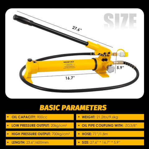 NEWTRY Hydraulic Hand Pump CP-700 10000psi Manual Hydraulic Pump with hose and size measurements for industrial use
