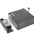 Discreet USB powered cabinet lock with NFC and RFID access for wooden drawers and concealed panels, close-up view of lock kit