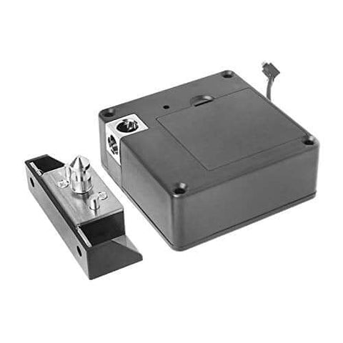 Discreet USB powered cabinet lock with NFC and RFID access for wooden drawers and concealed panels, close-up view of lock kit