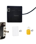 Discreet USB powered cabinet lock with NFC and RFID access for wooden drawers, showing lock, USB, and tags