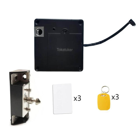 Discreet USB powered cabinet lock with NFC and RFID access for wooden drawers, showing lock, USB, and tags